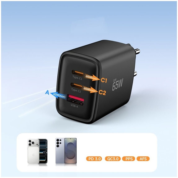 Мрежово зарядно NCA65W-GAN 3-PORT PD 65W / QC3.0, черна, Tech-Protect