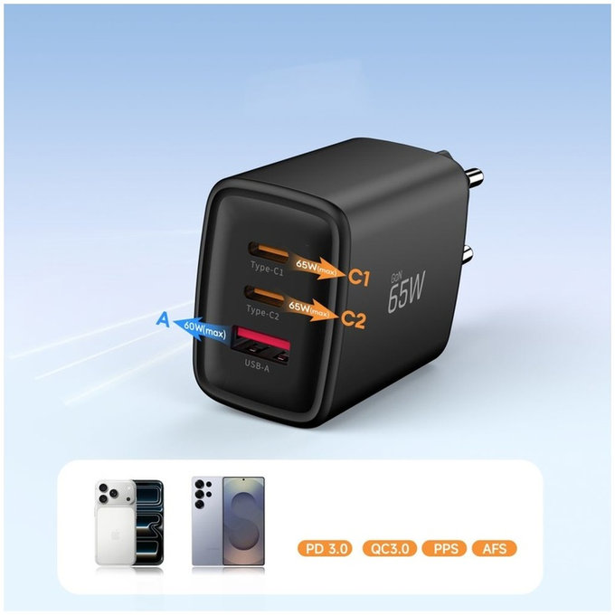 Мрежово зарядно NCA65W-GAN 3-PORT PD 65W / QC3.0, черна, Tech-Protect