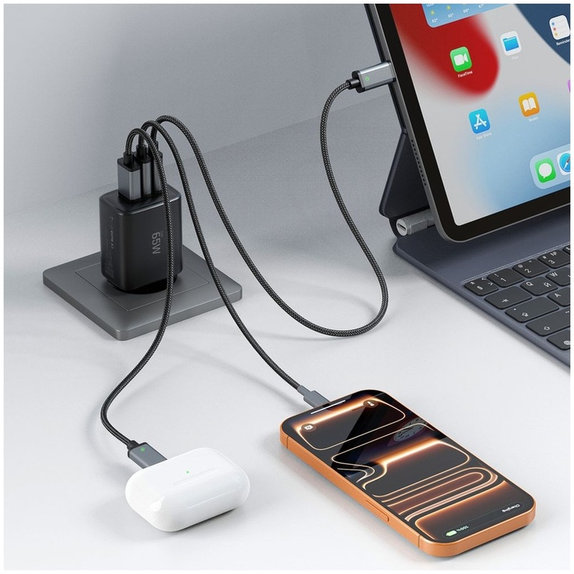 Мрежово зарядно NCA65W-GAN 3-PORT PD 65W / QC3.0, черна, Tech-Protect