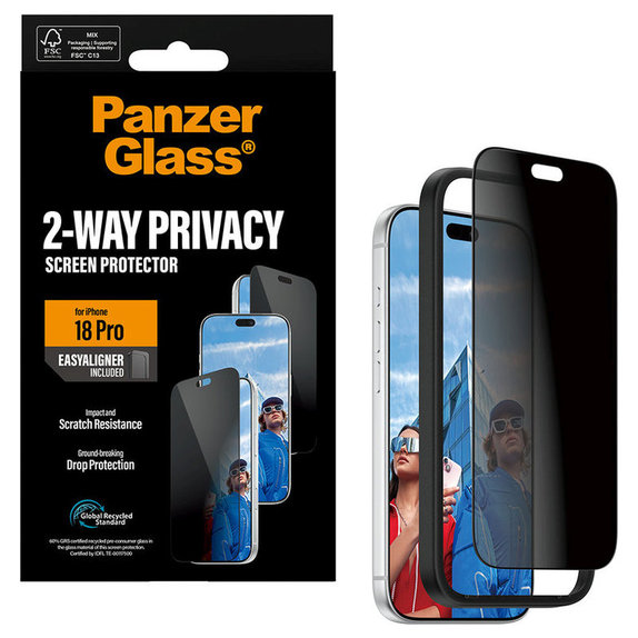 Закалено стъкло UWF 2-Way Privacy с апликатор за iPhone 18 Pro, Черно, PanzerGlass
