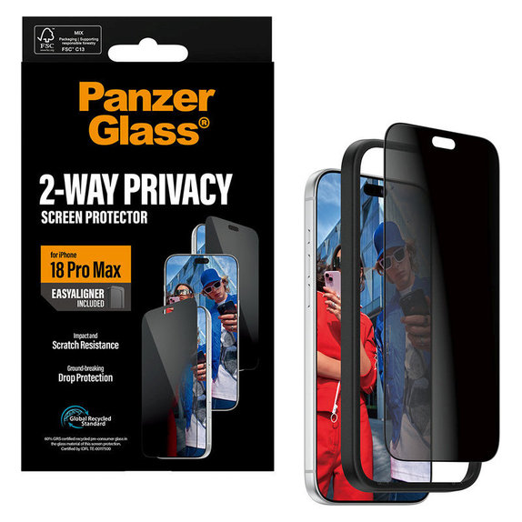 Закалено стъкло UWF 2-Way Privacy с апликатор за iPhone 18 Pro Max, Черно, PanzerGlass
