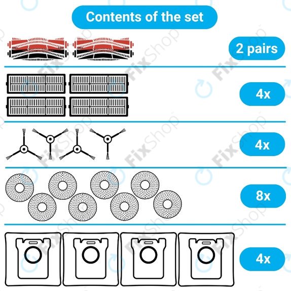 Комплект резервни части за Dreame X50 Ultra, L50 Ultra, L40s Ultra, L40s Pro Ultra, X50 Master, Mova V50 (2 чифта основни четки, 4x Филтър, 4x Странична четка, 8x Моп кърпа, 4x Торба за прах)