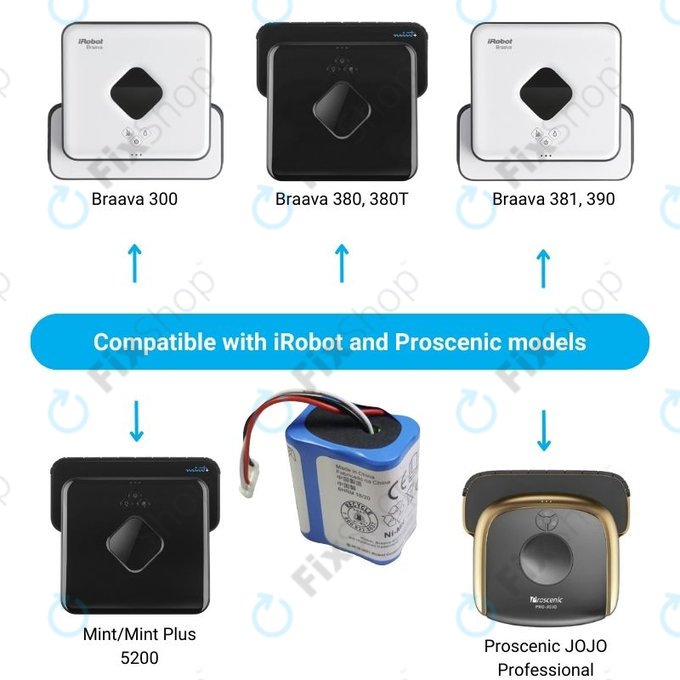 Батерия за iRobot Braava 2000, 300, 380, 380T, 381, 390, Mint 5200, Mint Plus 5200, Proscenic JOJO Professional, GPRHC202N026, 4409709, W206001001399, Ni-MH 7.2V 2500mAh