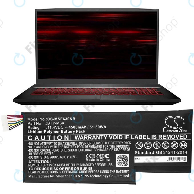 Батерия за MSI GF63, MSI GF75, MSI GS63, 4500mAh, Li-Pol, 11.4V, BTY-M6K, HQ