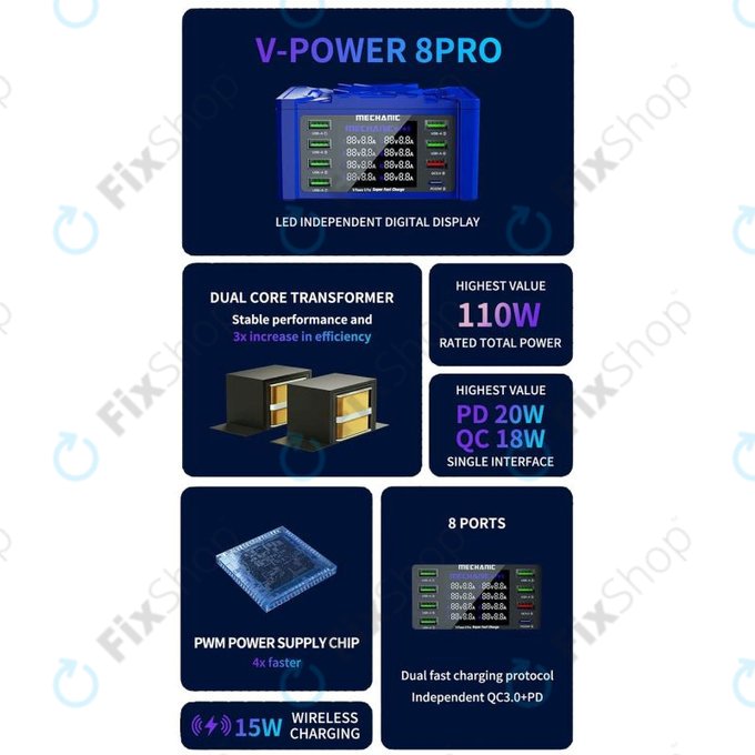 USB зарядна станция с USB-C, USB 3.0, Mechanic V-Power 8 Pro
