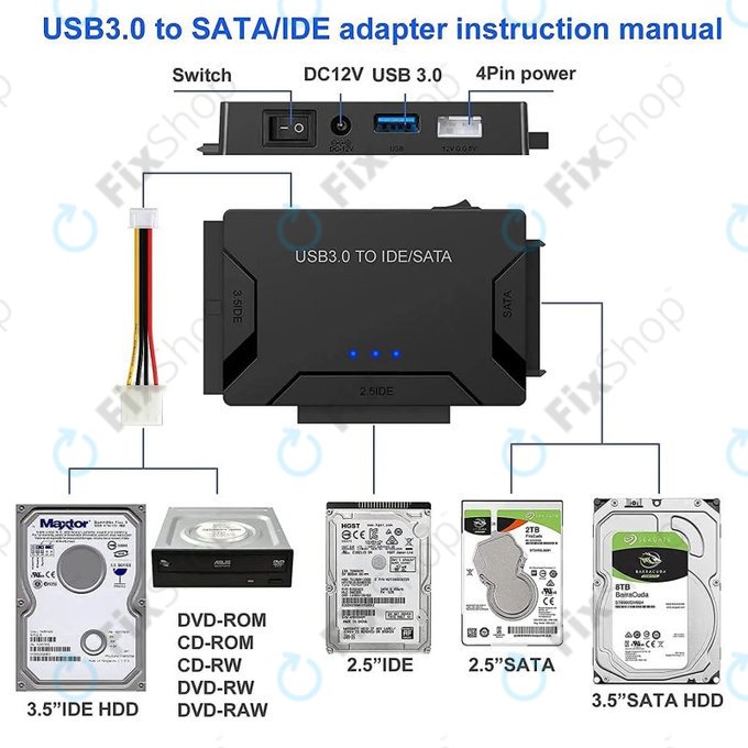 USB 3.0 към SATA / IDE адаптер за 2.5" и 3.5" HDD/SSD и оптични устройства