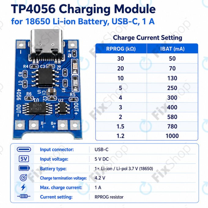 Модул за зареждане TP4056 за Li-ion батерия 18650, USB-C, 1 A