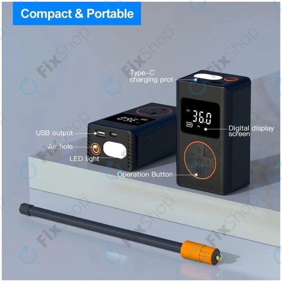 Преносим електрически въздушен компресор с аксесоари (7.4V, 1800mAh)