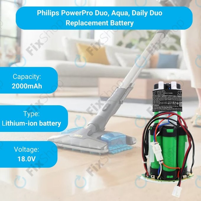 Батерия за Philips PowerPro Duo FC6163, FC6164, FC6167, FC6168, FC6169, FC6171, PowerPro Aqua FC6404, FC6405, Daily Duo FC6161, 69-2008-009-223, Li-Ion 18V 2000mAh, HQ