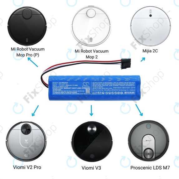 Батерия за Xiaomi Mi Robot Vacuum Mop Pro (P), 2 (Mijia 2C), Viomi V2 Pro, Proscenic LDS M7, STYJ02YM, MH1-4S1P-SC, Li-Ion 14.4V 2600mAh, HQ