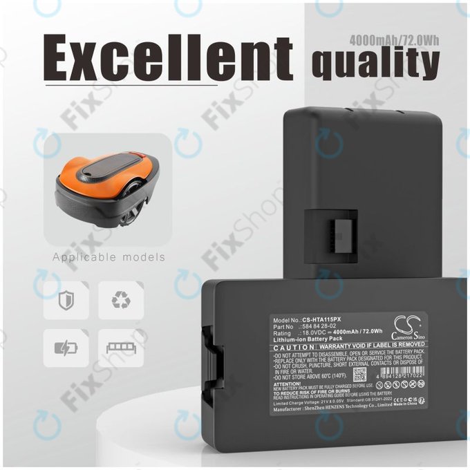 Батерия за Flymo Easilife 200, Gardena Automower 310, Husqvarna Automower 315X, 4000mAh, Li-Ion, 18.0V, 584 84 28-02, HQ