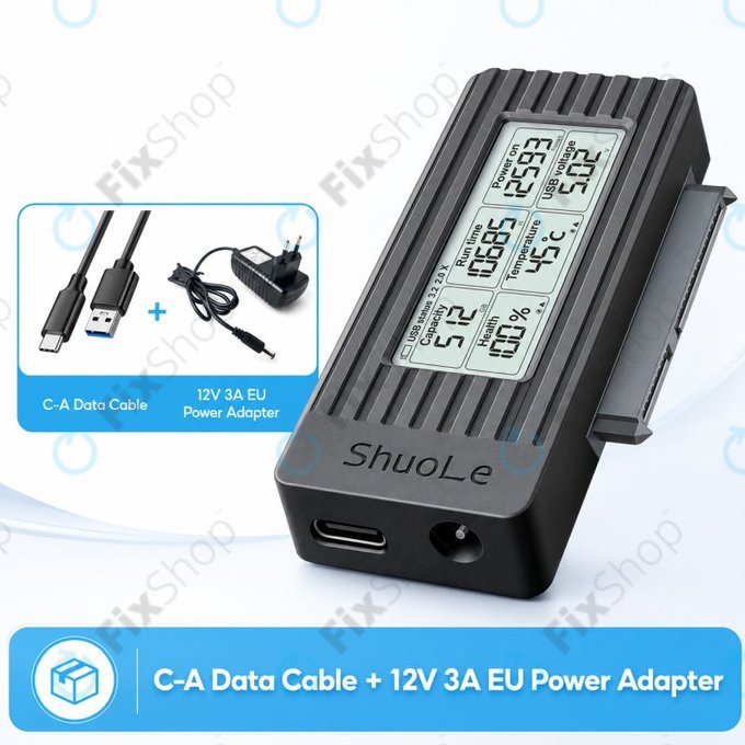 USB-C / USB 3.0 към SATA адаптер за HDD/SSD с дисплей, 12V/3A EU