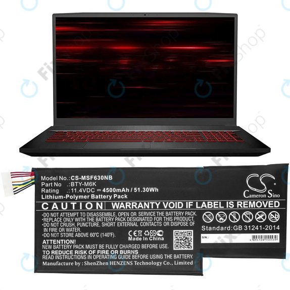 Батерия за MSI GF63, MSI GF75, MSI GS63, 4500mAh, Li-Pol, 11.4V, BTY-M6K, HQ