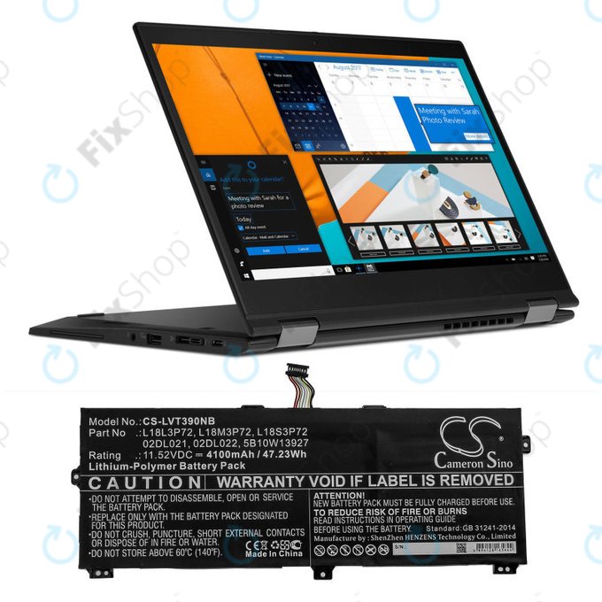 Батерия за Lenovo ThinkPad X390, Yoga X390, 4100mAh, Li-Pol, 11.52V, 02DL021, HQ