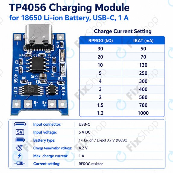 Модул за зареждане TP4056 за Li-ion батерия 18650, USB-C, 1 A