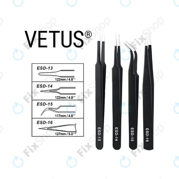 Антистатична метална пинсета с извит връх (120mm), Vetus ESD-15
