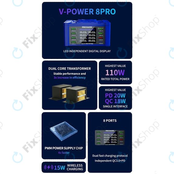 USB зарядна станция с USB-C, USB 3.0, Mechanic V-Power 8 Pro