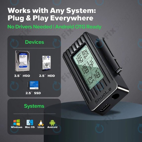 USB-C / USB 3.0 към SATA адаптер за HDD/SSD с дисплей, 12V/3A EU