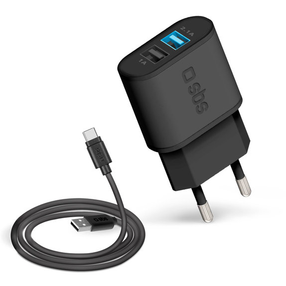 10W заряден адаптер 2x USB + USB / USB-C кабел, Черно, Black, SBS