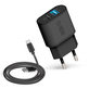 10W заряден адаптер 2x USB + USB / USB-C кабел, Черно, Black, SBS