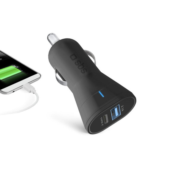 Автомобилно зарядно, USB, USB-C, 2.1A, 3A, Черно, Black, SBS