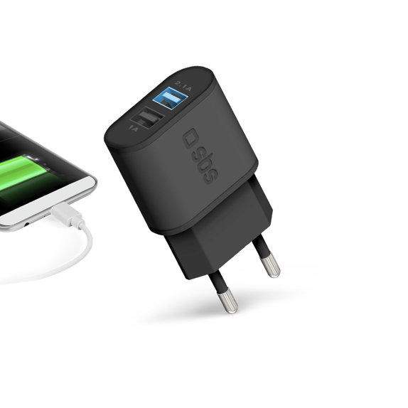 10W заряден адаптер 2x USB, Черно, Black, SBS