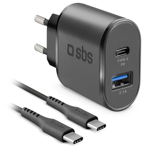 18W заряден адаптер USB, USB-C + USB-C / USB-C кабел, Черно, Black, SBS