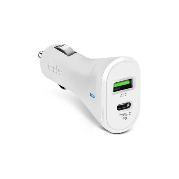 Автомобилно зарядно, USB-C PowerDelivery 20W, USB 18W, Бял, White, SBS
