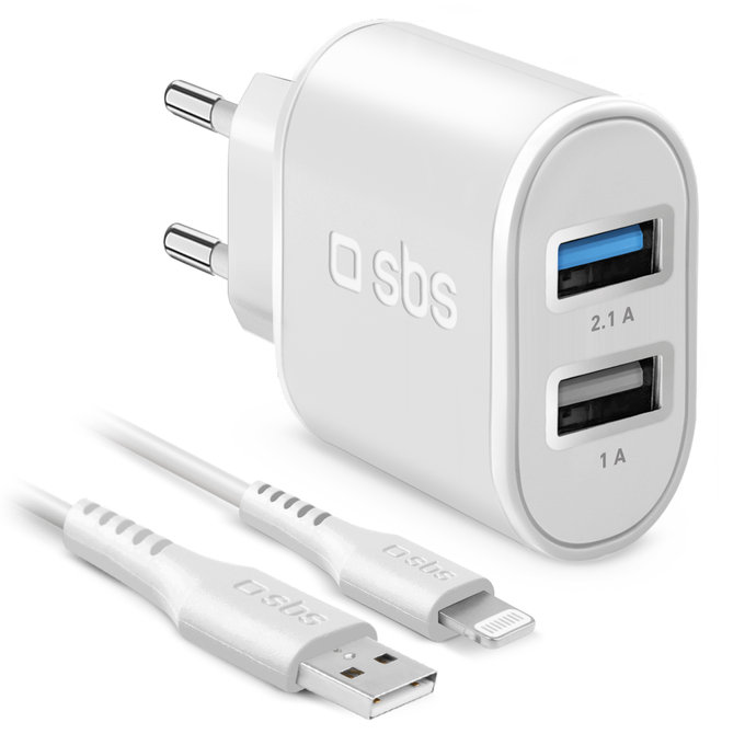 10W заряден адаптер 2x USB + USB / Lightning кабел, Бял, White, SBS