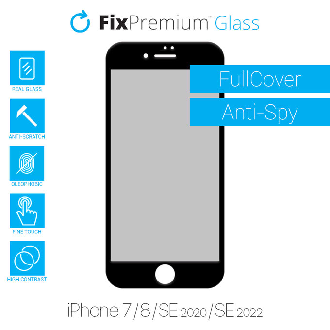 Закалено стъкло Privacy Anti-Spy за iPhone 7, 8, SE 2020 и SE 2022, FixPremium