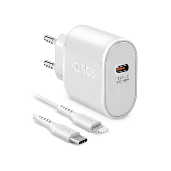 20W заряден адаптер USB-C PowerDelivery + Lightning кабел, 1m, Бял, White, SBS