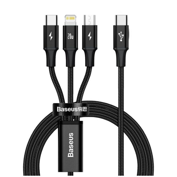 USB-C 3в1 кабел (USB-C, Lightning, Micro-USB), 1.5m, Черно, Black, Baseus