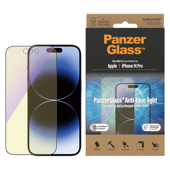 Закалено стъкло UWF Anti-Bluelight AB с апликатор за iPhone 14 Pro, Черно, PanzerGlass