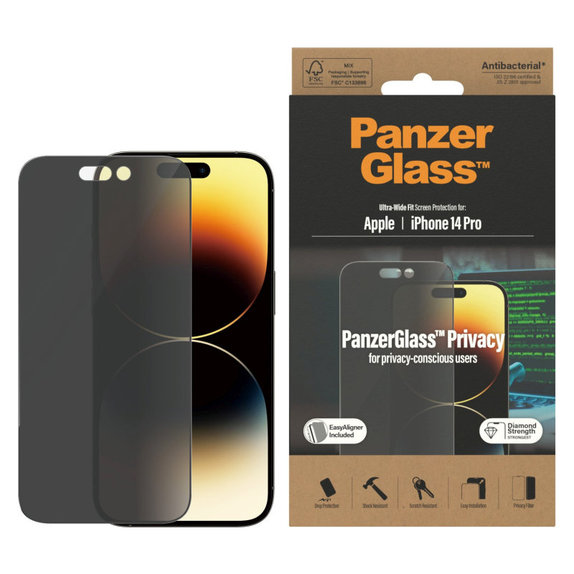 Закалено стъкло UWF Privacy AB с апликатор за iPhone 14 Pro, Черно, PanzerGlass