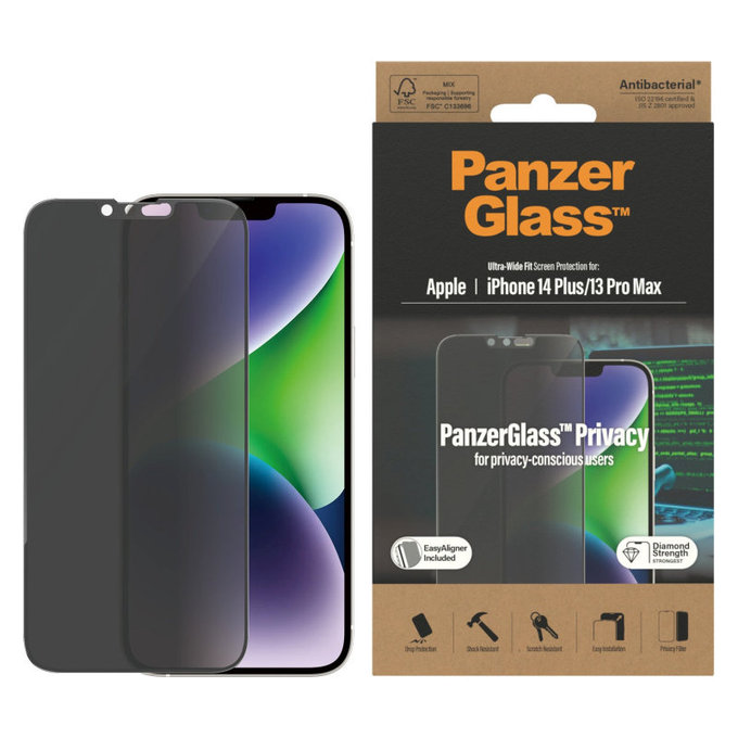 Закалено стъкло UWF Privacy AB с апликатор за iPhone 14 Plus/13 Pro Max, Черно, PanzerGlass