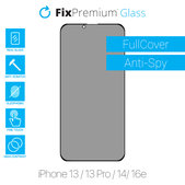 Закалено стъкло Privacy Anti-Spy за iPhone 13, 13 Pro и 14, 16e, FixPremium