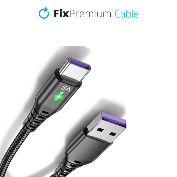USB-C / USB кабел с LED индикатор, 1m, Черно, Black, FixPremium
