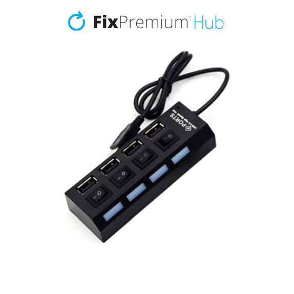USB хъб с бутон за захранване за 4 USB, Черно, Black, FixPremium