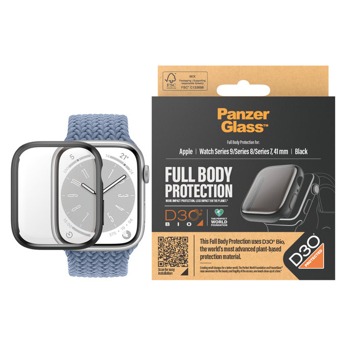 Закалено стъкло Full Body D3O за Apple Watch 9/8/7 41 mm, Черно, PanzerGlass
