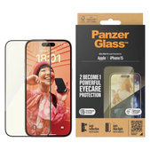 Закалено стъкло UWF Eyecare с апликатор за iPhone 15, Черно, PanzerGlass