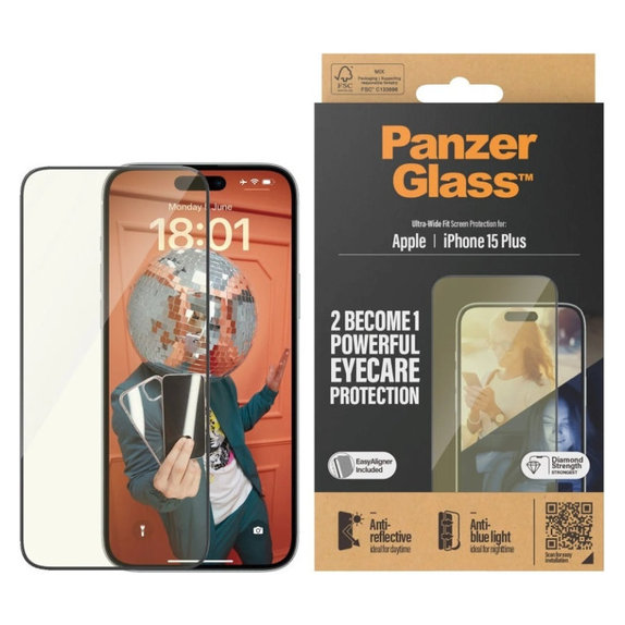 Закалено стъкло UWF Eyecare с апликатор за iPhone 15 Plus, Черно, PanzerGlass