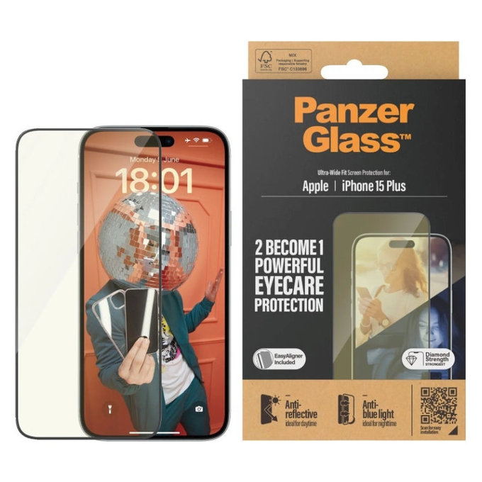 Закалено стъкло UWF Eyecare с апликатор за iPhone 15 Plus, Черно, PanzerGlass