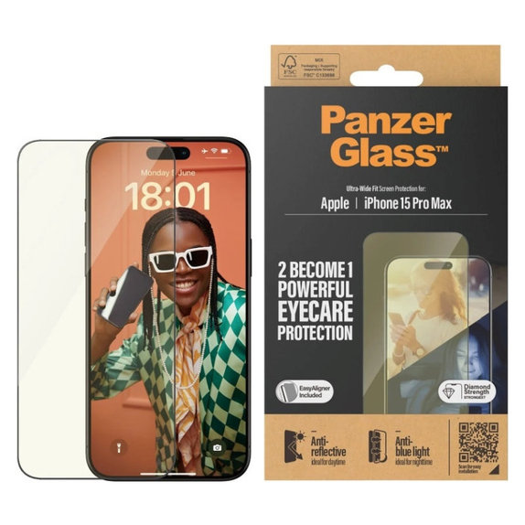 Закалено стъкло UWF Eyecare с апликатор за iPhone 15 Pro Max, Черно, PanzerGlass