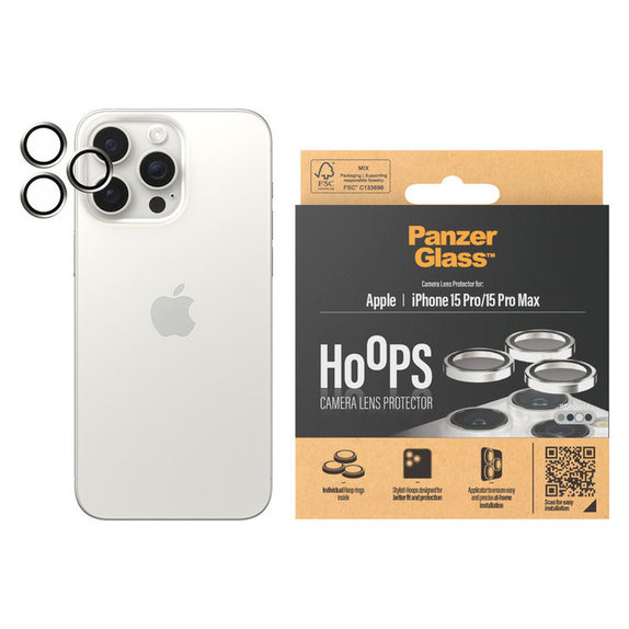 Протектор за обектива на камерата Hoops за iPhone 15 Pro/15 Pro Max, White Metal, PanzerGlass
