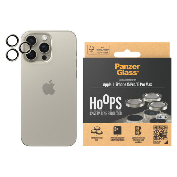 Протектор за обектива на камерата Hoops за iPhone 15 Pro/15 Pro Max, Natural Metal, PanzerGlass