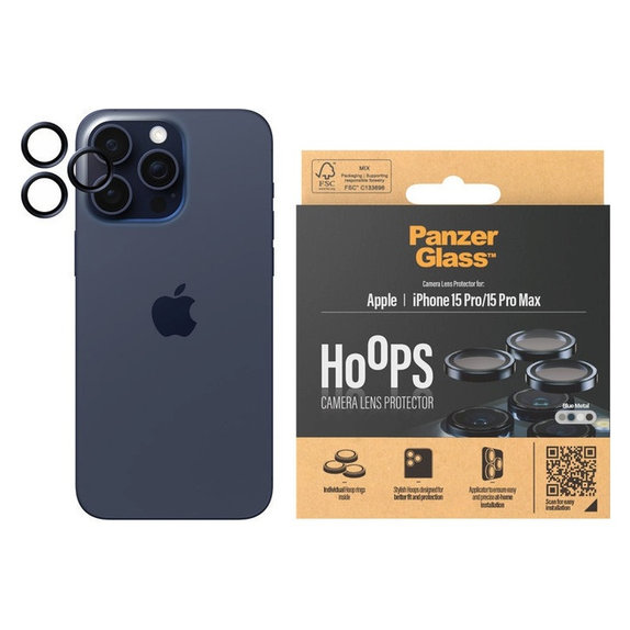 Протектор за обектива на камерата Hoops за iPhone 15 Pro/15 Pro Max, Blue Metal, PanzerGlass