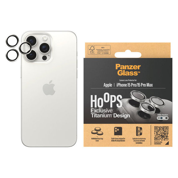 Протектор за обектива на камерата Hoops за iPhone 15 Pro/15 Pro Max, White Titanium, PanzerGlass
