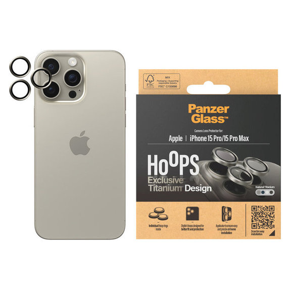 Протектор за обектива на камерата Hoops за iPhone 15 Pro/15 Pro Max, Natural Titanium, PanzerGlass