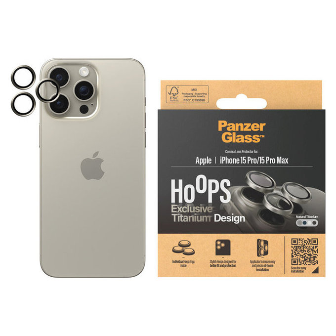Протектор за обектива на камерата Hoops за iPhone 15 Pro/15 Pro Max, Natural Titanium, PanzerGlass