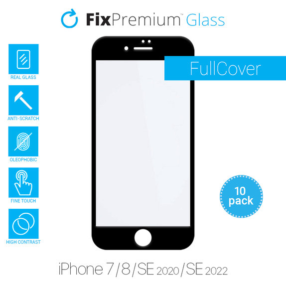 Закалено стъкло FullCover за iPhone 7, 8, SE 2020 и SE 2022 (10 Pack), FixPremium